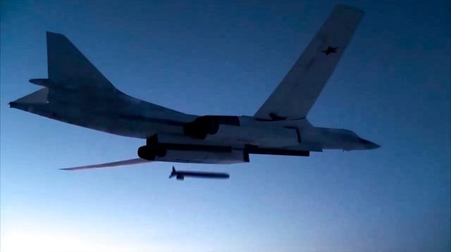 Russian Tu-160 strategic bomber fires a cruise missile at test targets, during a military drills