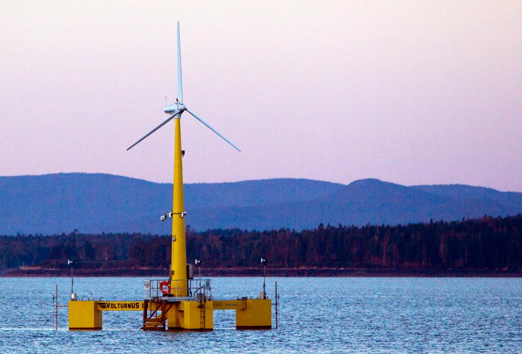 The University of Maine's first prototype of an offshore wind turbine is seen in this Sept. 20, 2013 file photo, near Castine Maine.