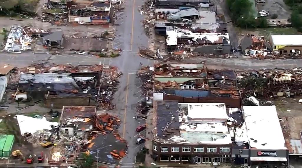 Image taken from video provided by KOCO shows damage caused by a tornado in Sulphur, Okla.