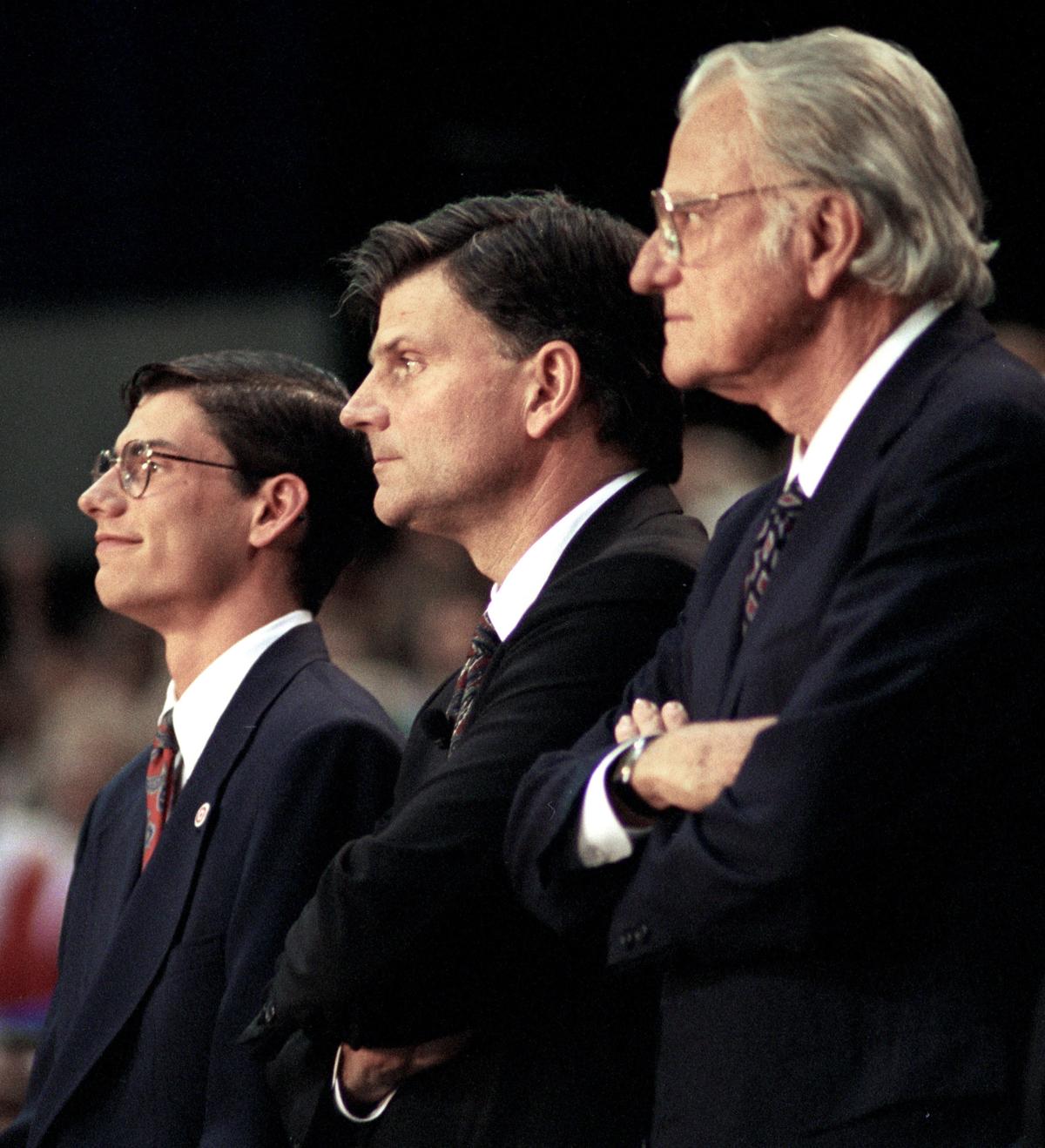 Three generations stand together at a 1994 Crusade: William Franklin "Will" IV, William "Franklin" III and William “Billy” Franklin Graham Jr.