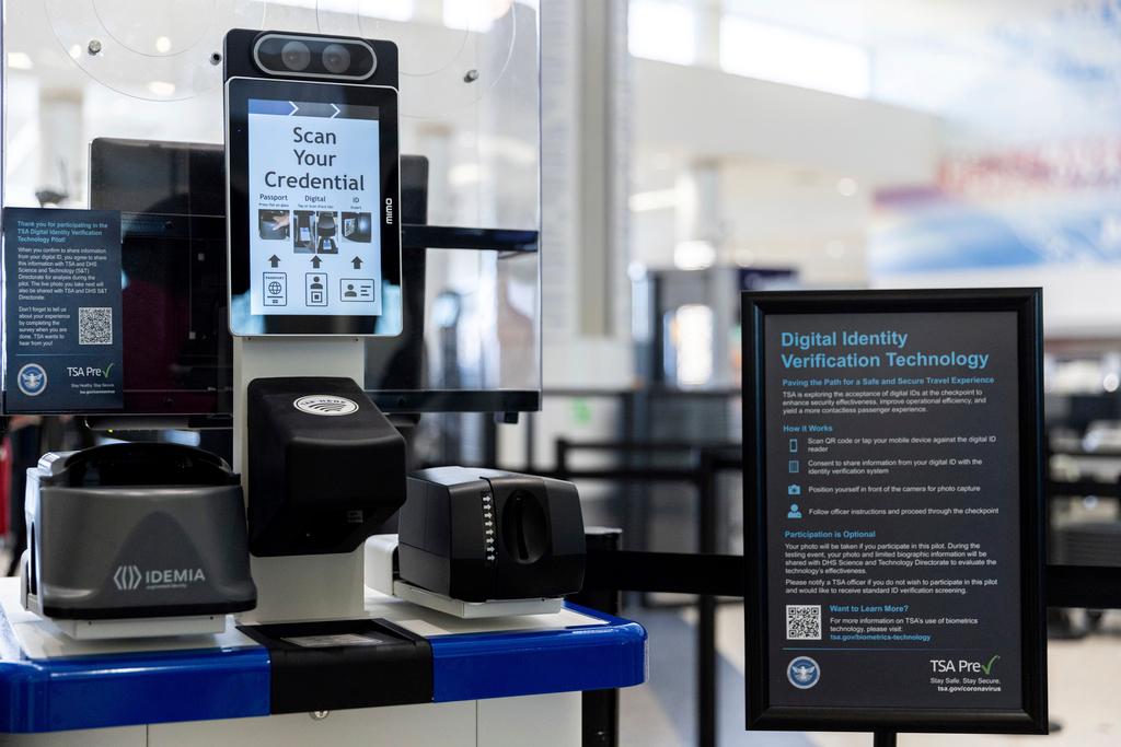 The Transportation Security Administration's new facial recognition technology is seen at a Baltimore-Washington International Thurgood Marshall Airport security checkpoint, April 26, 2023