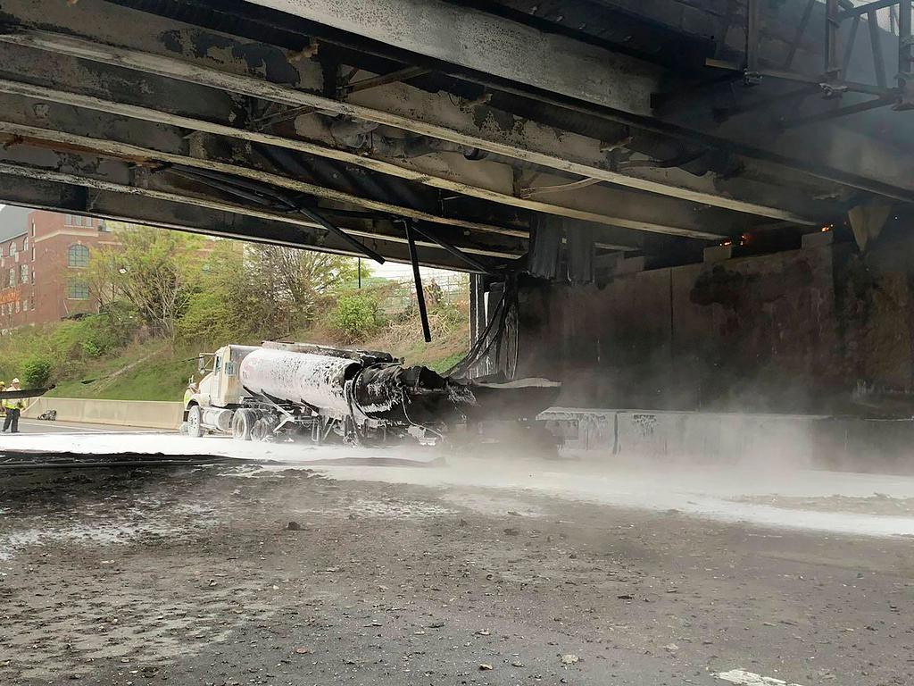 This image provided by the Norwalk Police Department shows the scene of a tanker fire on I-95 in Norwalk, Conn., Thursday, May 2, 2024.