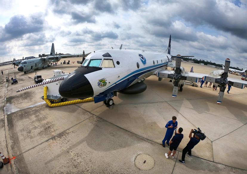 One of the National Oceanic and Atmospheric Administration's (NOAA) WP-3D Orion aircraft sits on the tarmac