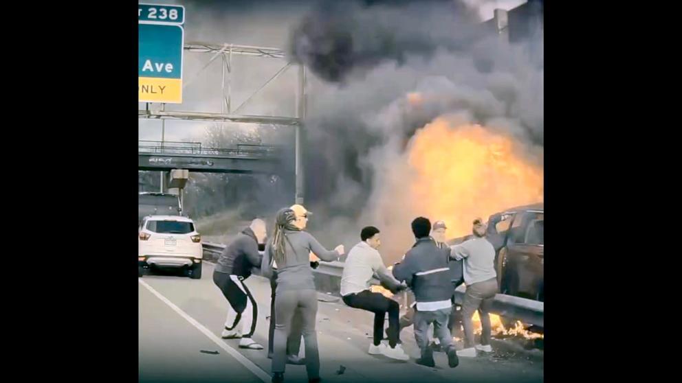 A fiery Minnesota highway rescue along Interstate 94 in Saint Paul was caught on camera, April 18, 2024.