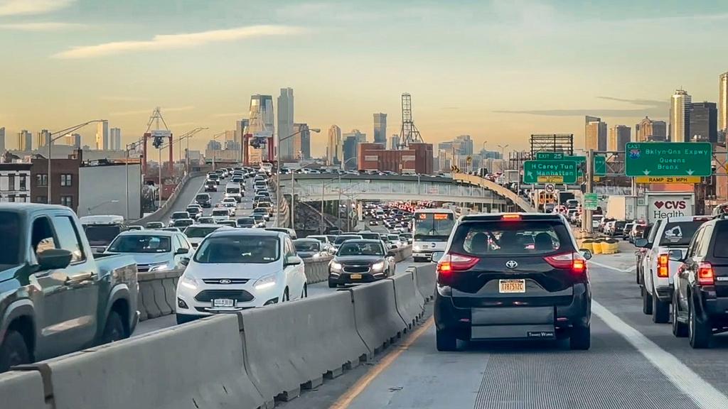 Traffic is steady as vehicles approach Hugh Carey tunnel linking Brooklyn to Manhattan