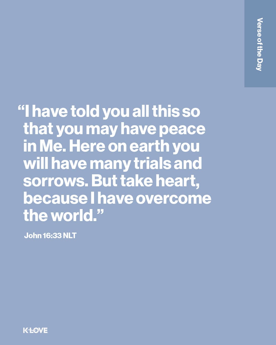 "I have told you all this so that you may have peace in Me. Here on earth you will have many trials and sorrows. But take heart, because I have overcome the world."