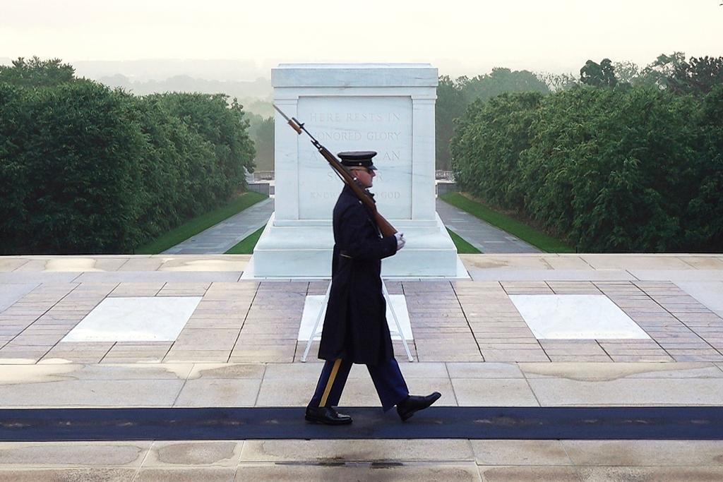Army Sgt. 1st Class Andrew Jay patrols the Tomb of the Unknown Soldier