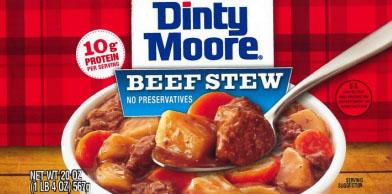 20-oz. metal cans containing “Dinty Moore BEEF STEW” with “BEST BY FEB 2028” and lot code “T02045” printed on the can. The lot code may have an additional number at the end.