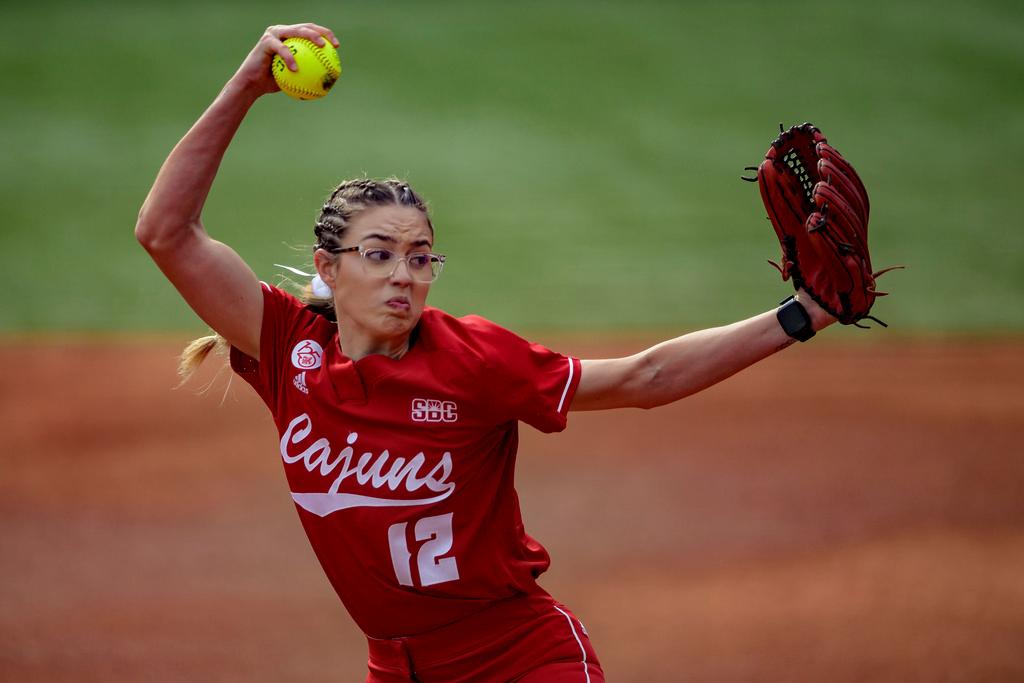 Louisiana starting pitcher Sam Landry (12) throws against California during an NCAA softball game