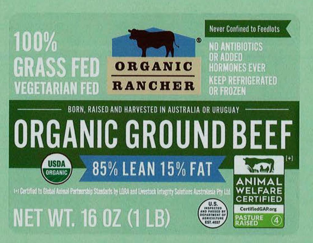 Package of Organic Rancher ground beef sold at Whole Foods markets 