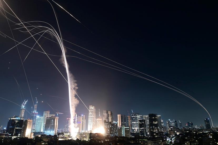 Israeli Iron Dome air defense system fires to intercept missiles over Tel Aviv, Israel