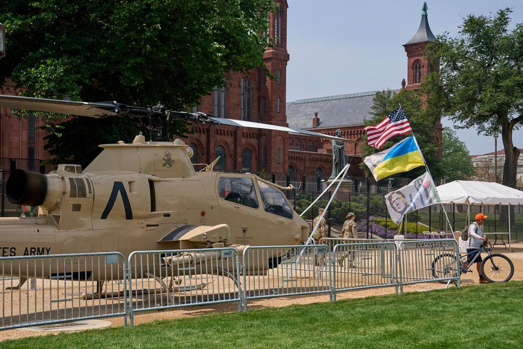 Parade prep: helicopter on display during preparations for an upcoming military parade commemorating the Army's 250th anniversary 