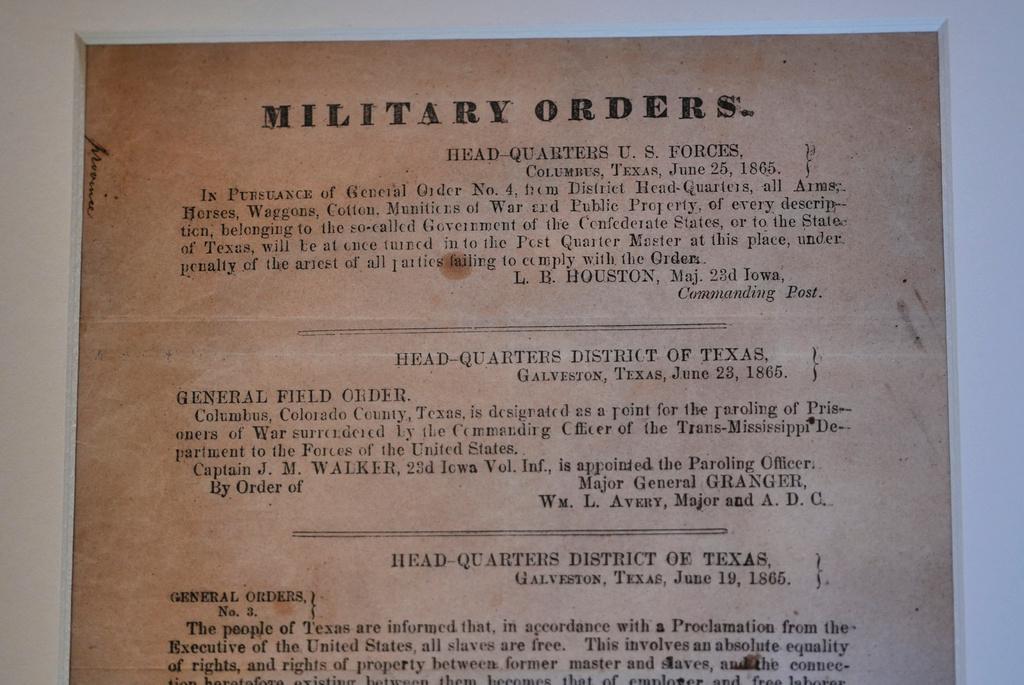 A section of the 1865 Juneteenth General Order No. 3 that is displayed by the Dallas Historical Society at the Fair Park Hall of State in Dallas