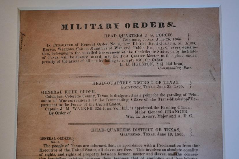 A section of the 1865 Juneteenth General Order No. 3 that is displayed by the Dallas Historical Society at the Fair Park Hall of State in Dallas