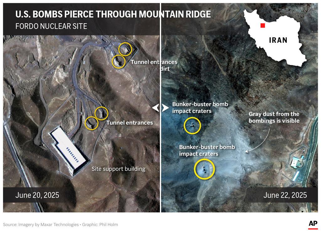 Before and after interactive slider that compares Iran's Fordo nuclear facility before and after U.S. bombed the site