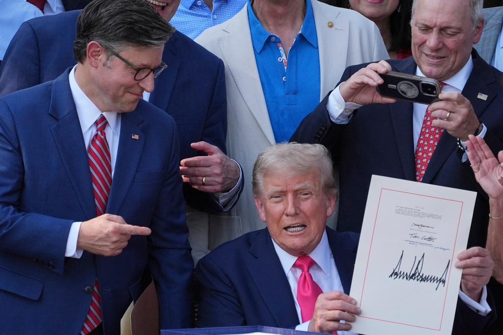 House Speaker Mike Johnson of La., points to President Donald Trump after he signed his signature bill of tax breaks and spending cuts at the White House