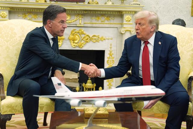 President Donald Trump shakes the hand of NATO Secretary General Mark Rutte during a meeting in the Oval Office