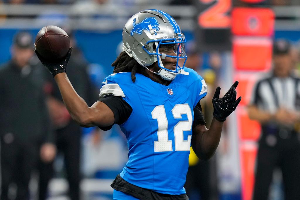Then Detroit Lions quarterback Teddy Bridgewater throws against the Washington Commanders during the first half of an NFL football divisional playoff game,  Jan. 18, 2025, in Detroit