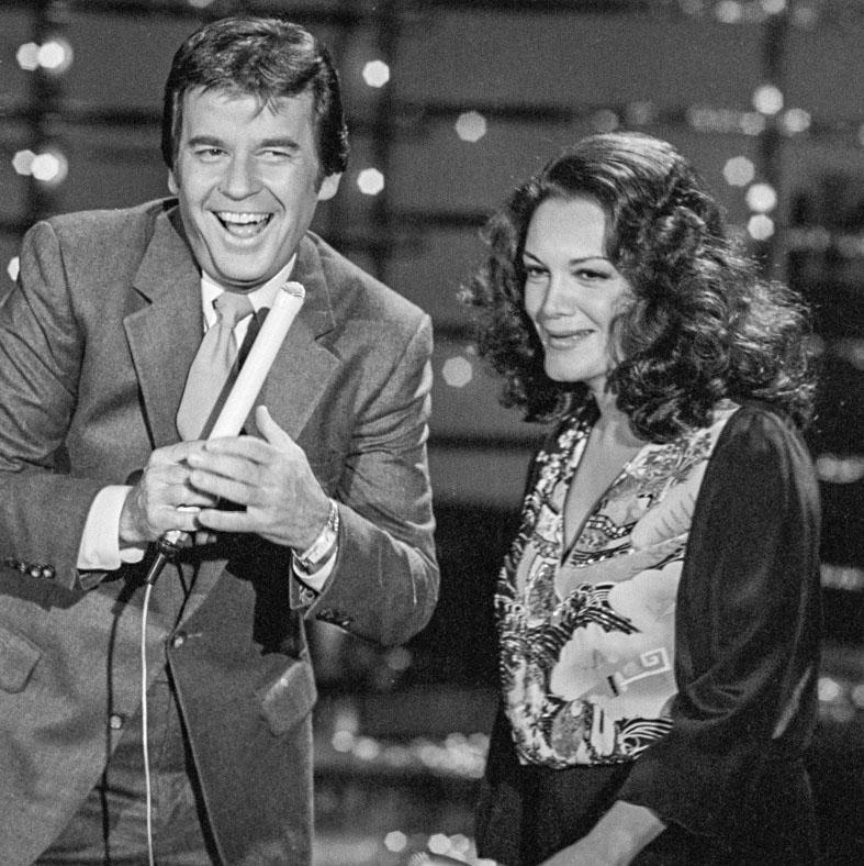 (1980) Dick Clark, host of American Bandstand, appears with Connie Francis during taping of the show in Los Angeles