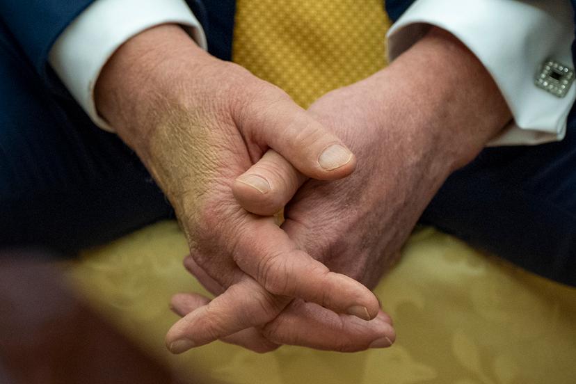 President Donald Trump sits with his hands interlocked as he and Bahrain's Crown Prince Salman bin Hamad Al Khalifa speak in the Oval Office of the White House, Wednesday, July 16