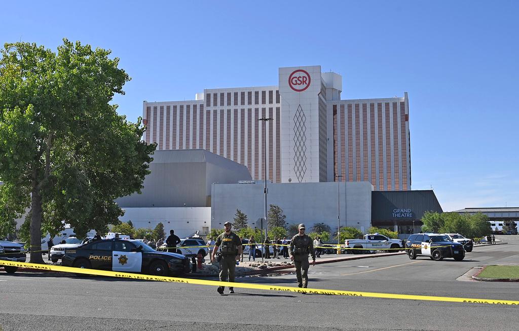 Police respond to a shooting outside the Grand Sierra Resort in Reno, Nev.