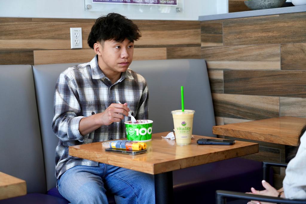 Braxton Kimura eats at Vitality Bowl in San Jose, Calif.