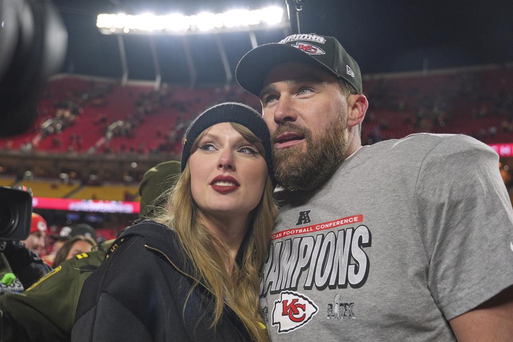 Kansas City Chiefs tight end Travis Kelce with singer Taylor Swift after the Chiefs victory over the Buffalo Bills in the AFC Championship game 