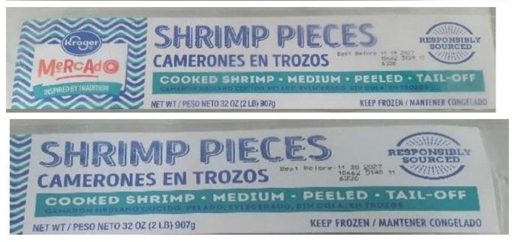 Combination photos provided by the U.S. Food and Drug Administration shows labels for Kroger Mercado Cooked Medium Peeled Tail-Off Shrimp 