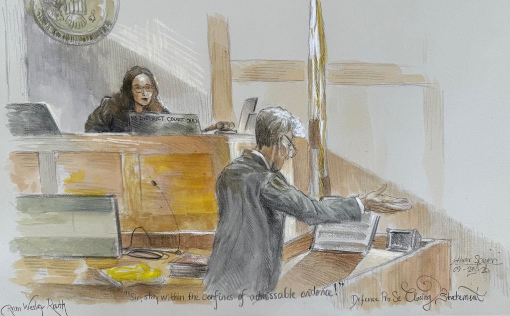 Courtroom sketch shows U.S. District Judge Aileen Cannon listening to Ryan Routh during his trial where he is charged with attempting to assassinate Donald Trump last year 
