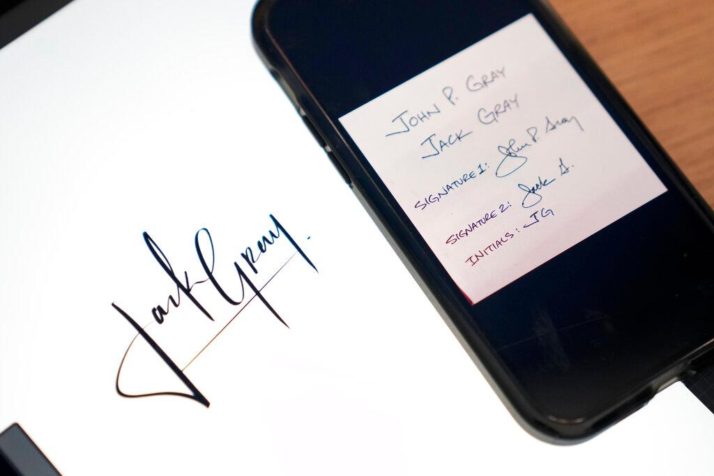 A custom signature created by Priscilla Molina appears next to images of original client signatures and initials on a cell phone