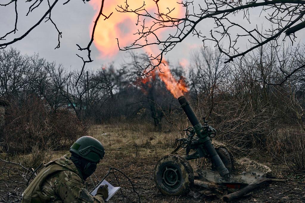 Volunteer soldiers fire towards Russian positions close to Bakhmut, Donetsk region, Ukraine
