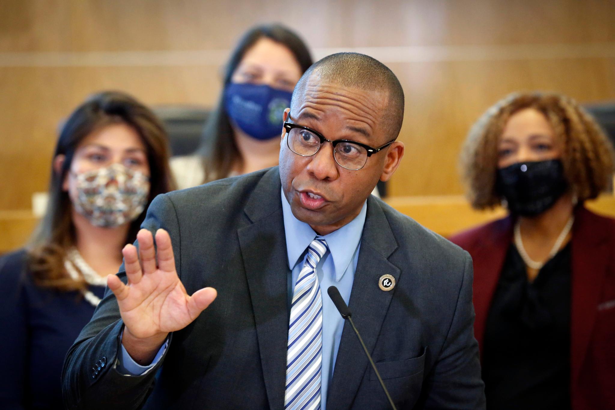Houston Independent School District Superintendent Millard House II answers questions from the media, May 21, 2021, in Houston.