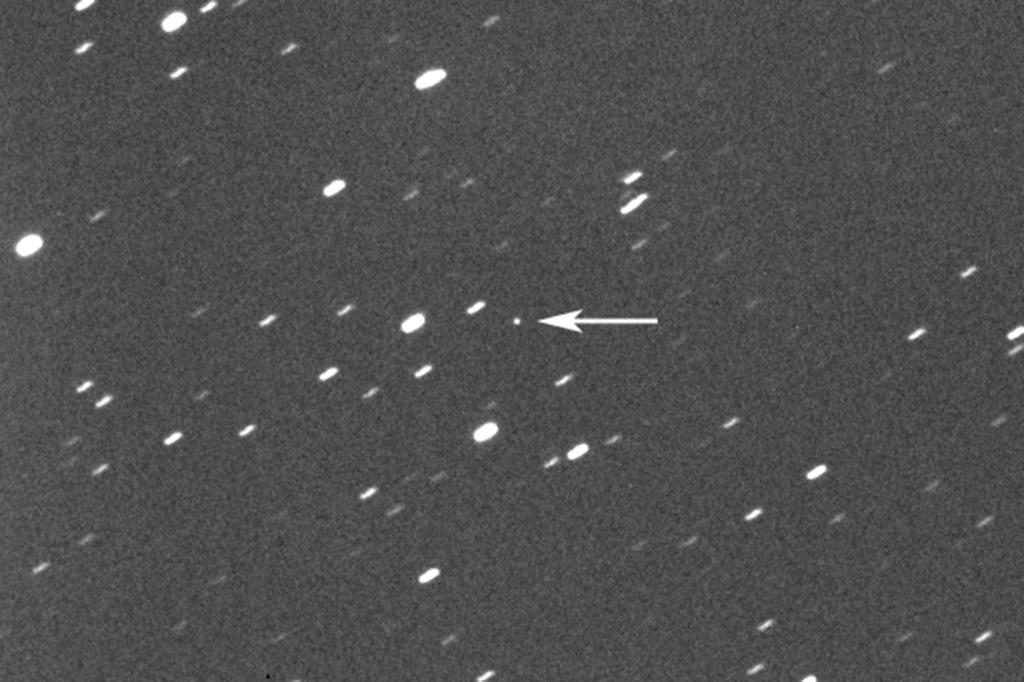 This photo provided by Gianluca Masi shows asteroid 2023 DZ2, indicated by arrow at center, about 1.1 million miles away from the Earth on March 22, 2023.