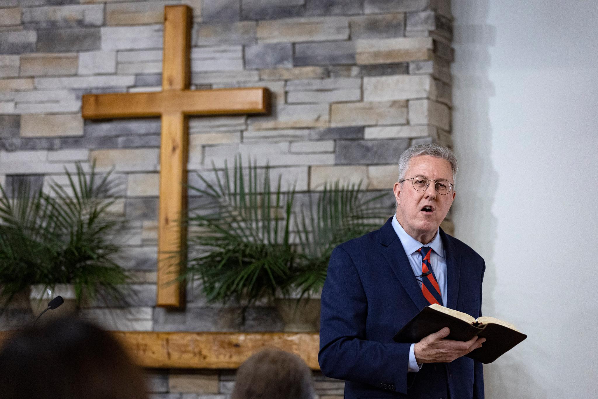 Pastor George Grant delivers the sermon during a Palm Sunday service at Parish Presbyterian Church Sunday, April 2, 2023, in Franklin, Tenn.