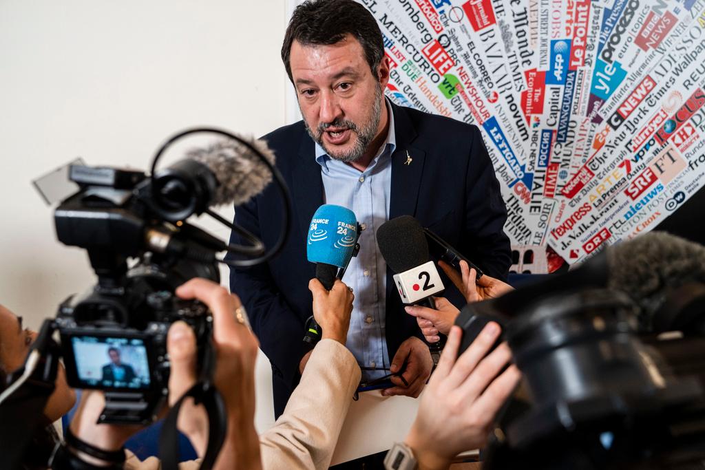 Italian Infrastructures Minister Matteo Salvini answers reporters questions at the end of a press conference at the Foreign Press Club in Rome
