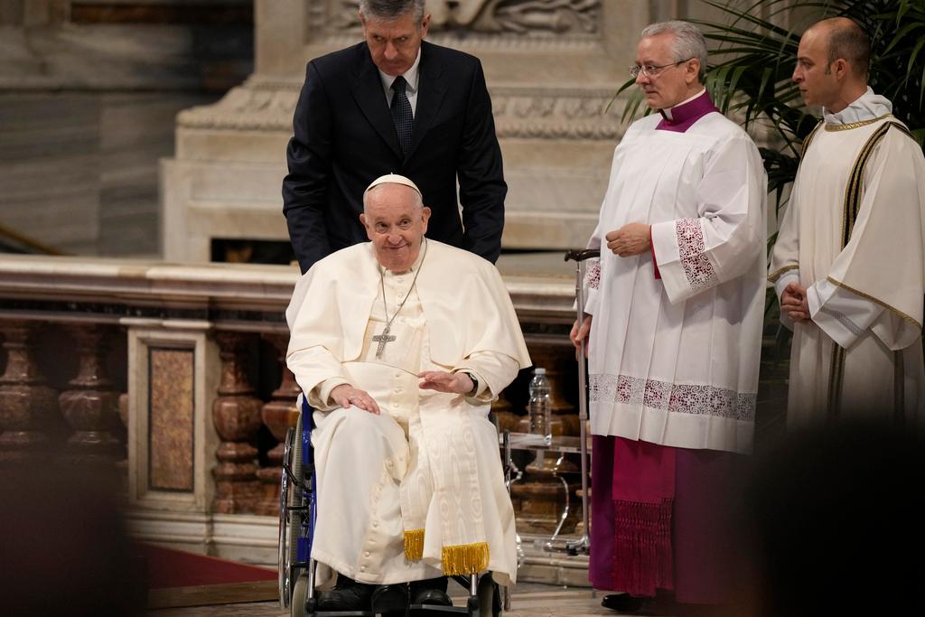 Pope Francis leaves St. Peter's Basilica after celebrating the Chrism Mass where the chrism, the oil of the catechumens and the oil of the sick are consecrated, and all the priests renew the promises made on the day of their ordination, at the Vatican, Thursday, April 6, 2023. 