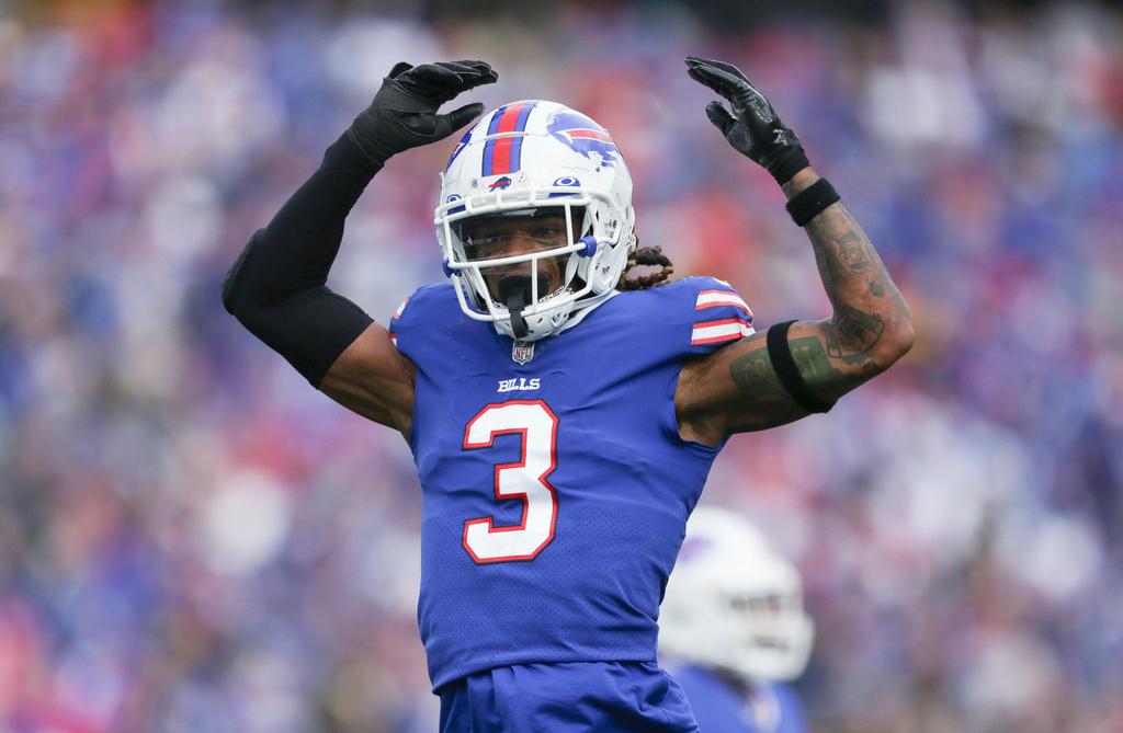Buffalo Bills safety Damar Hamlin reacts after a play
