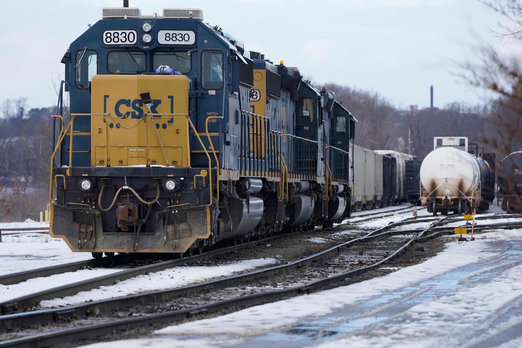 CSX locomotives sit at CSX North Framingham Yard, on Jan. 24, 2023, in Framingham, Mass. CSX reports earnings on Thursday, April 20, 2023.