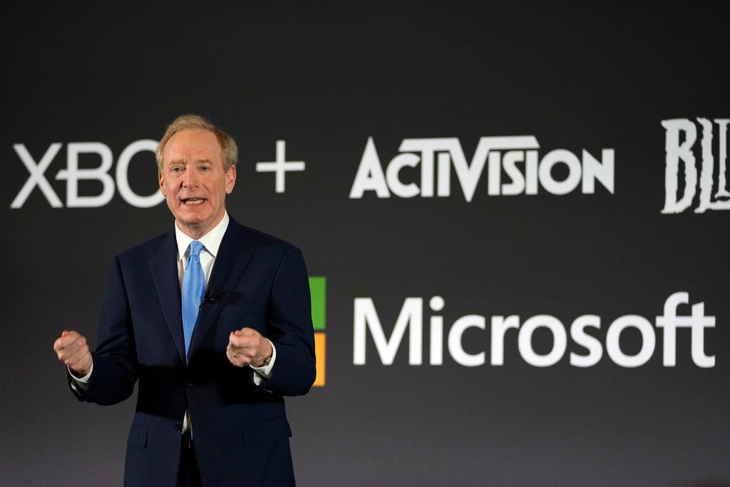 Microsoft President Brad Smith addresses a media conference regarding Microsoft's acquisition of Activision Blizzard and the future of gaming in Brussels, Tuesday, Feb. 21, 2023.