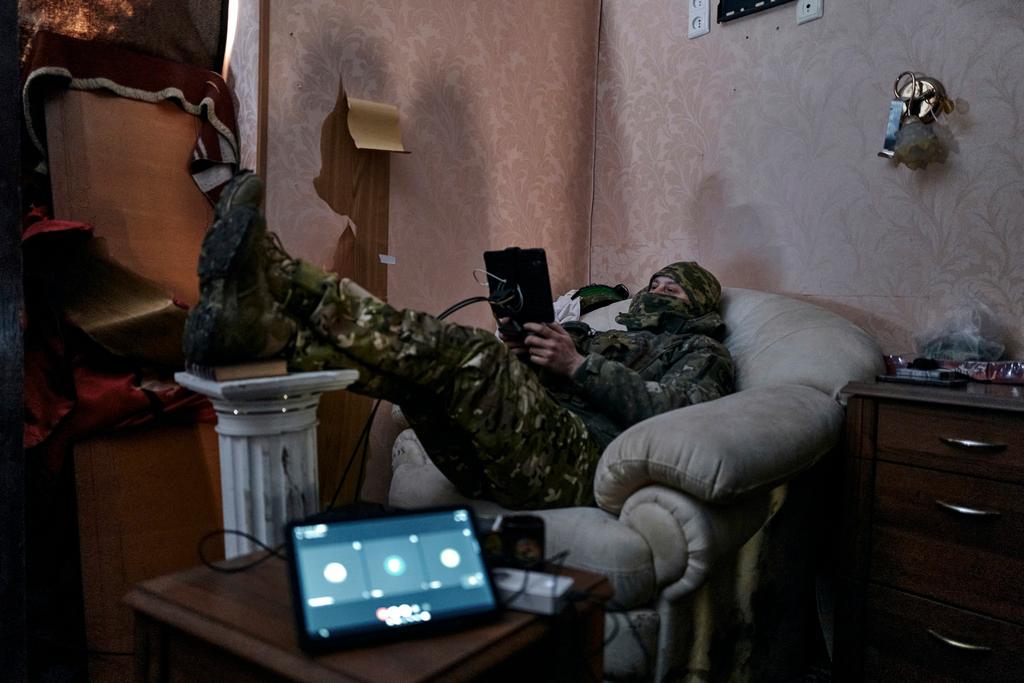 Ukrainian soldier controls a drone in Bakhmut, in the Donetsk region, Ukraine