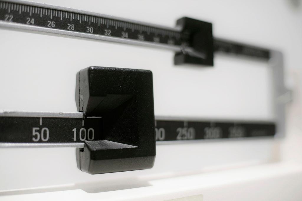 A closeup of a beam scale is seen in New York on April 3, 2018. Tirzepatide, a drug from Eli Lilly and Co. approved to treat type 2 diabetes under the brand name Mounjaro.