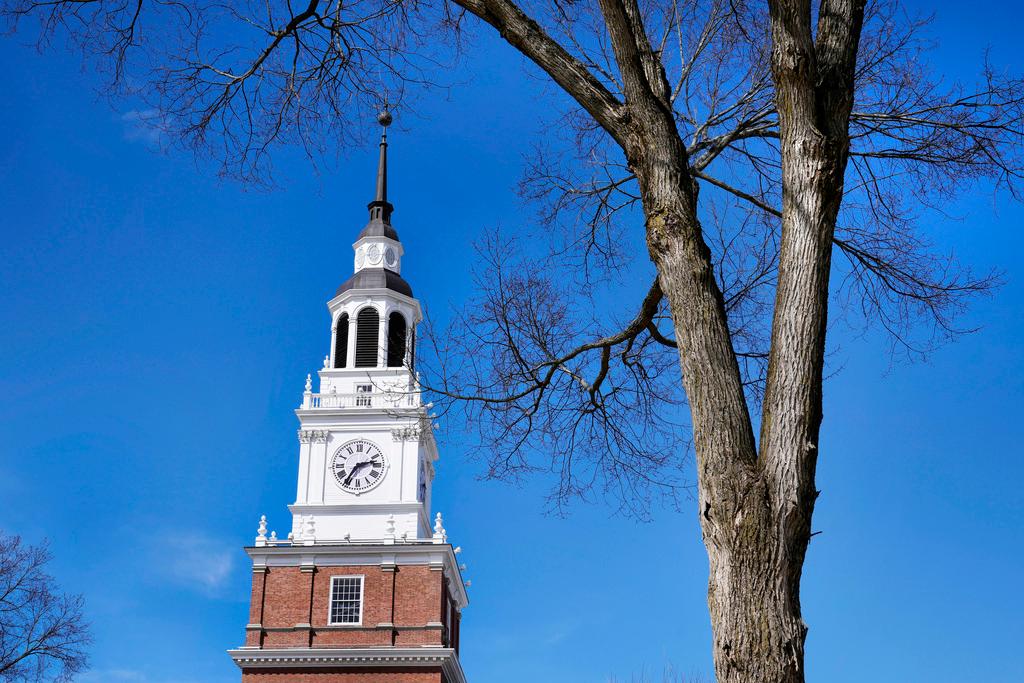 A mature tree grows outside the Baker Library at Dartmouth College