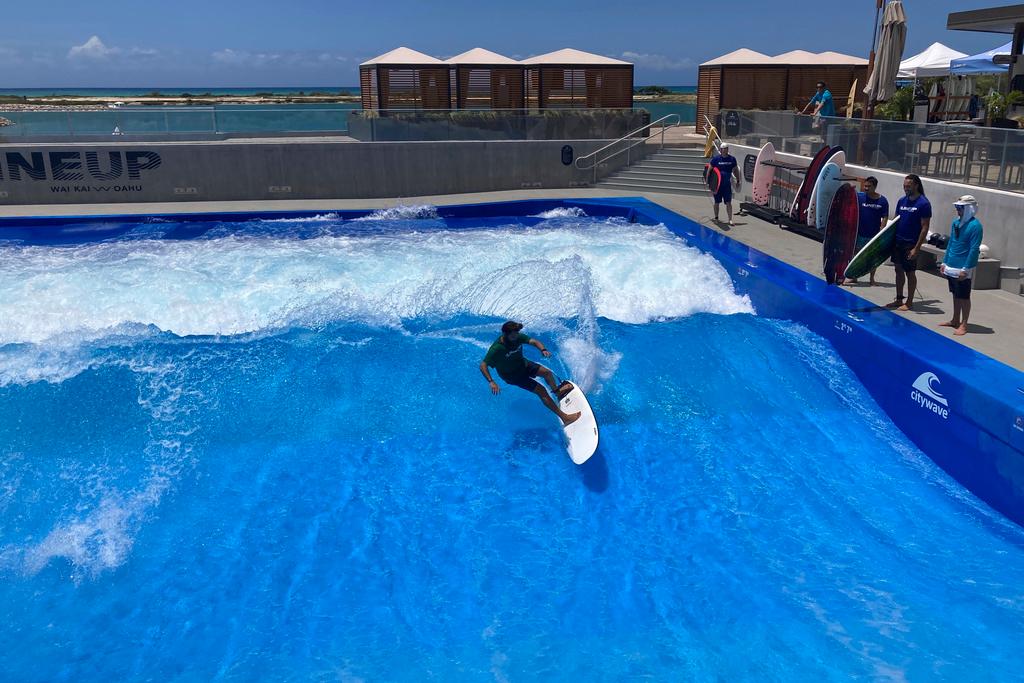 Ikaika Kaulukukui surfs in a wave pool in Ewa Beach, Hawaii, on Tuesday, May 9, 2023.