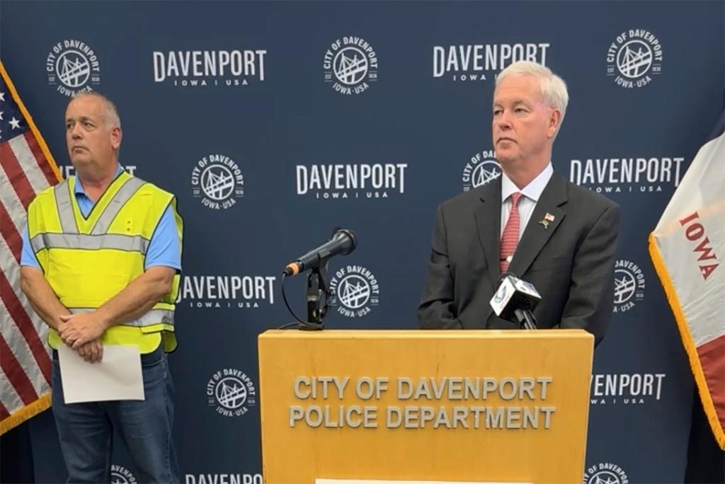 Davenport Fire Chief Carlsten and Mayor Mike Matson provide an updated on the \ building collapse during a news conference, Monday, May 29, 2023 in Davenport, Iowa. Carlsten said that it was unclear how many people, if any, were still missing after an apartment building in the eastern Iowa city collapsed. 
