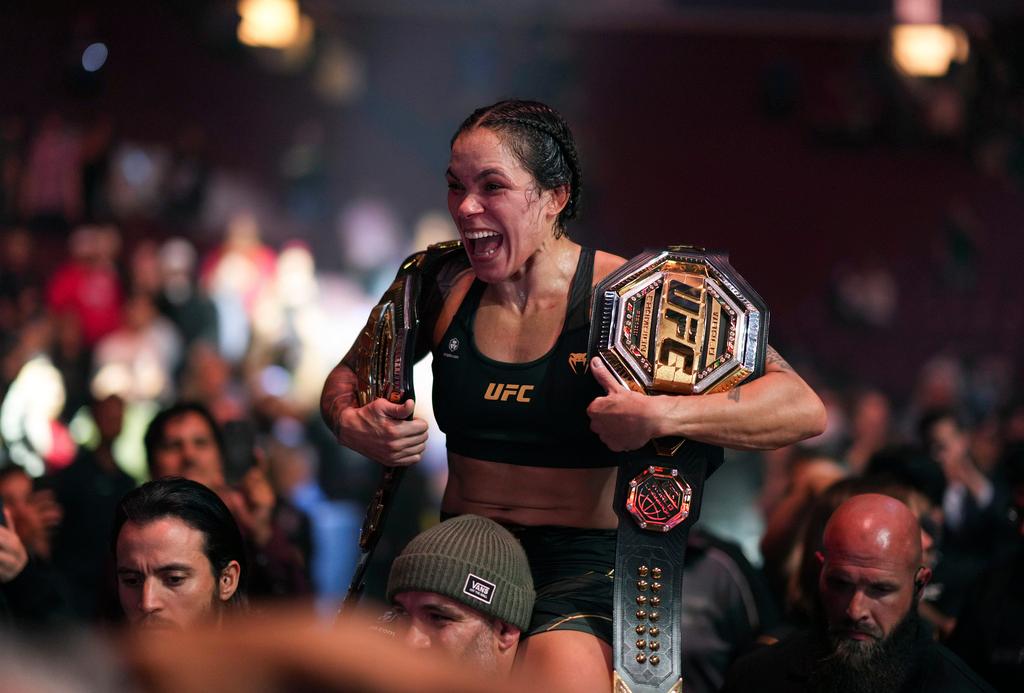 Amanda Nunes celebrates after defeating Irene Aldana during a UFC 289 women's bantamweight title bout and then announcing her retirement, in Vancouver, British Columbia, on Saturday, June 10, 2023.