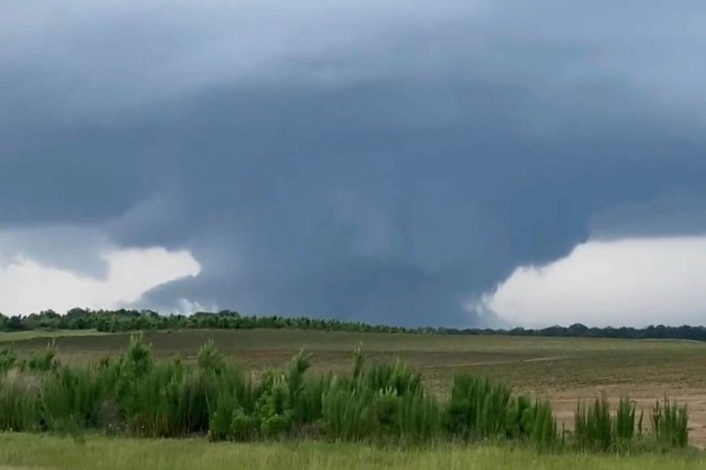 This screenshot taken from a video shows a tornado on June 14, 2023, in Blakely, Ga. Officials from Texas to Georgia are reporting damaging winds and possible tornadoes as a powerful storm system crosses the South.