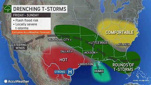 Thunderstorms are expected to bring not just torrential downpours but strong, damaging winds with gusts above 75mph, large damaging hail