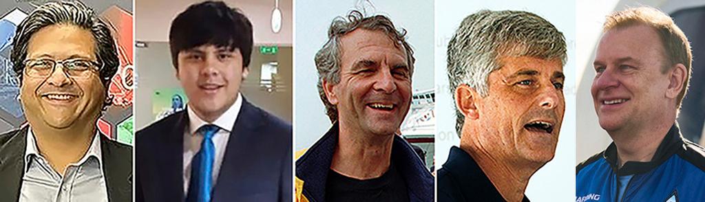 From left, Shahzada Dawood, Suleman Dawood, Paul-Henri Nargeolet, Stockton Rush, and Hamish Harding 