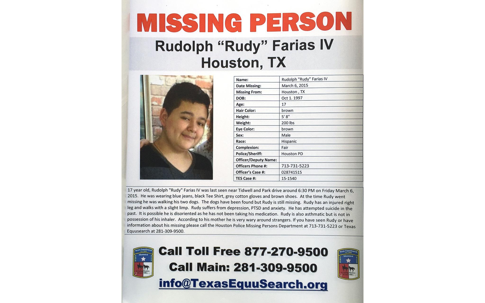 A missing poster for Rudolph "Rudy" Farias IV is shown during the Missing Person Day event at City Hall Sunday, Jan. 31, 2016