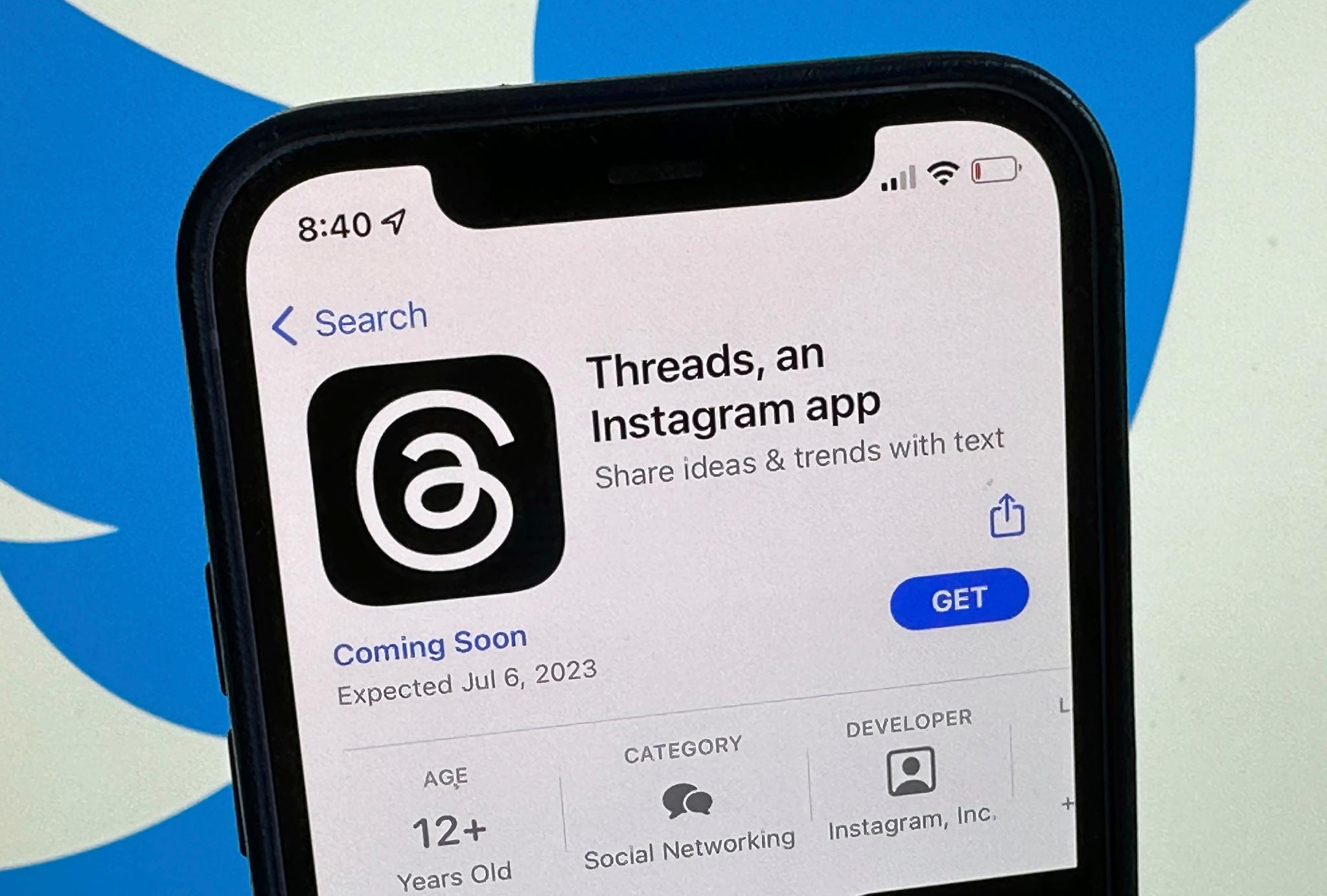 The announcement of the social media app 'Threads' is displayed in Apple's US App Store seen on the screen of a smartphone in Berlin, Germany, Tuesday, July 4, 2023. 